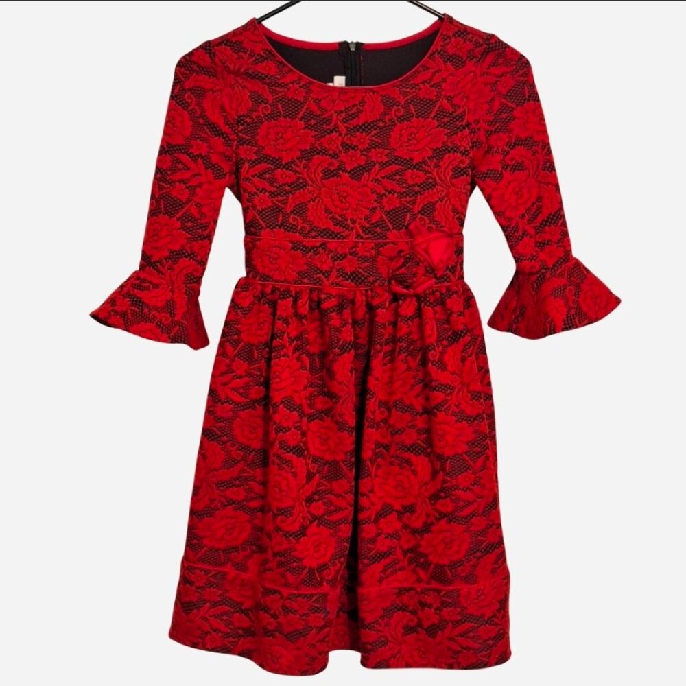 Girls lace dress by Bonnie Jean. Black with red lace roses overlay. Size 10